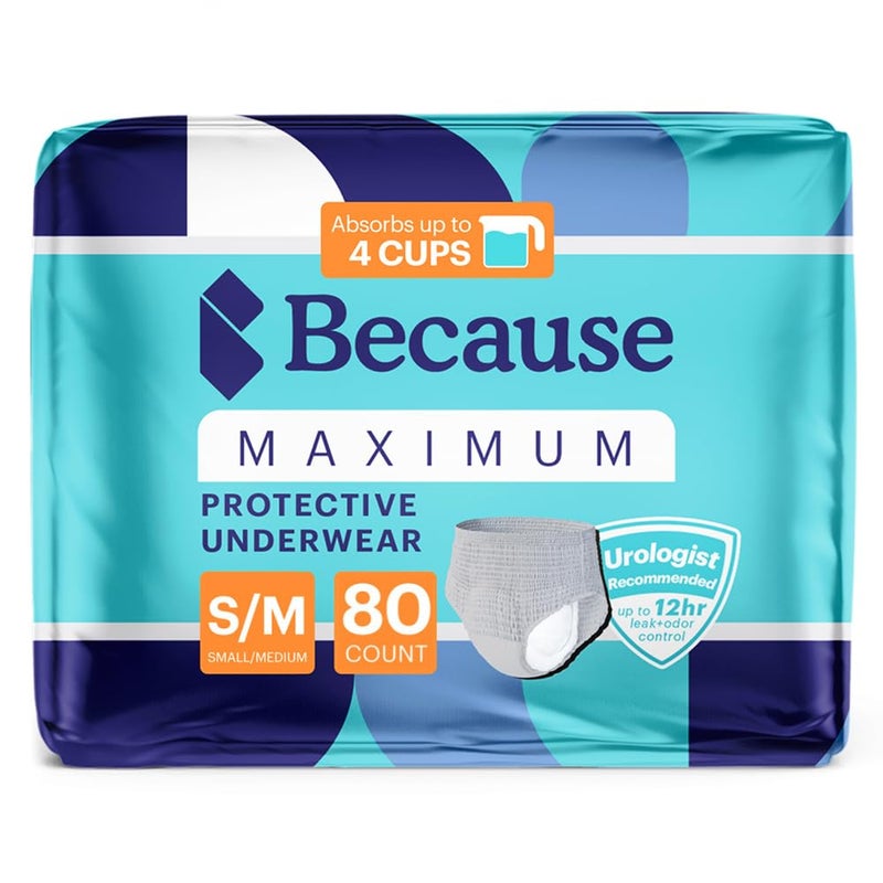 Because Maximum Incontinence Underwear for Men Heavy Bladder Leak Protection Ideal for Overnight Leakage Sleek Invisible Fit Grey SmallMedium Absorbs 4 Cups 80 Count 4 Packs of 20